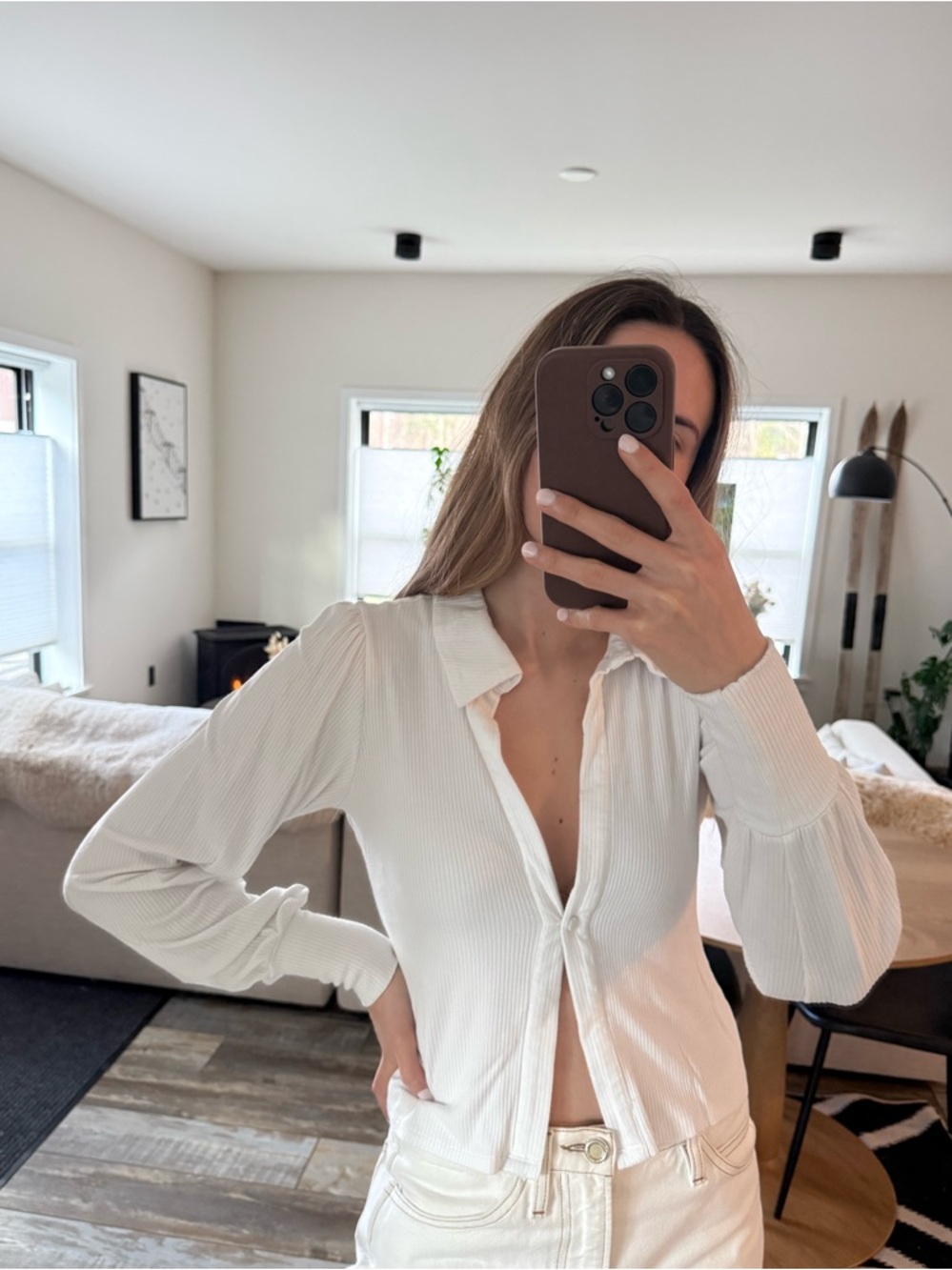 AFRM White Ribbed Button-Front Blouse
